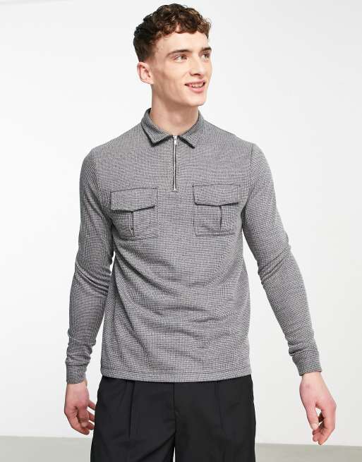 Donau Cordelia dæk ASOS DESIGN long sleeve polo t-shirt in smart gray texture with pockets |  ASOS