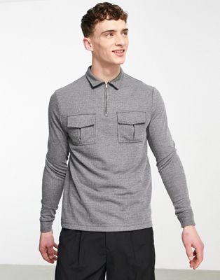 ASOS DESIGN long sleeve polo t-shirt in smart grey texture with pockets
