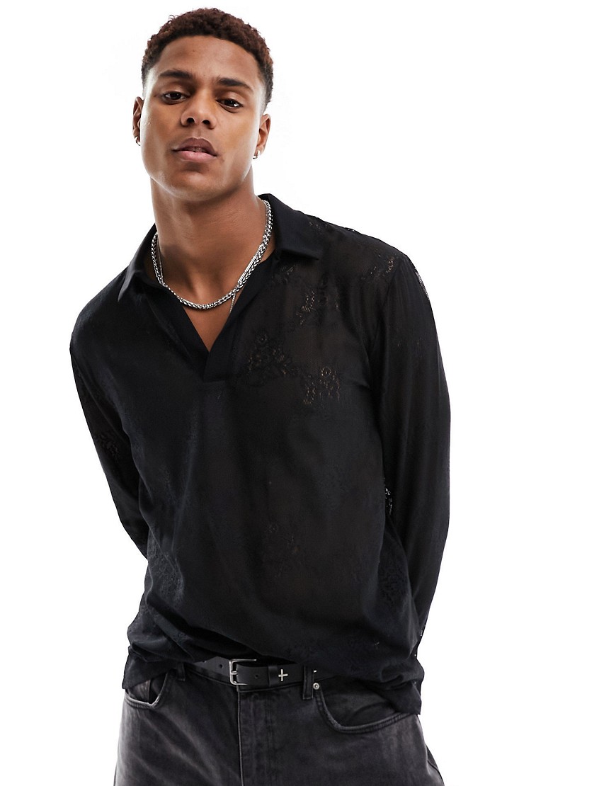ASOS DESIGN long sleeve polo with deep v neck in black lace