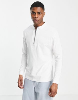 ASOS DESIGN long sleeve polo with zip and cuff detail in off white