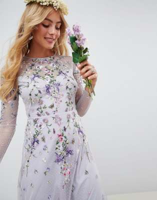 asos design long sleeve maxi dress in embroidered mesh