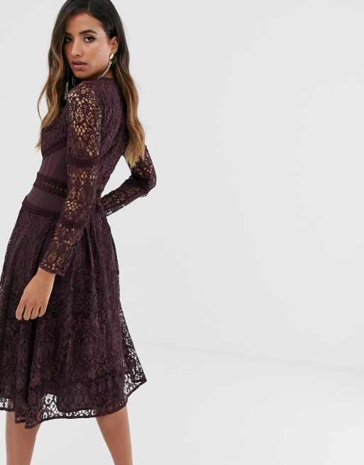 Asos design lace long deals sleeve midi prom dress