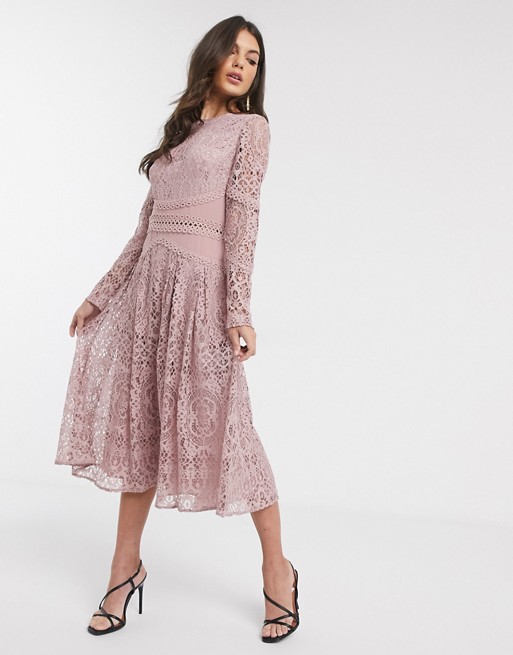 ASOS DESIGN long sleeve prom dress in lace with circle trim details