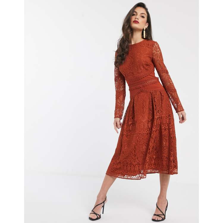 Asos design long sleeve lace top on sale prom midi dress