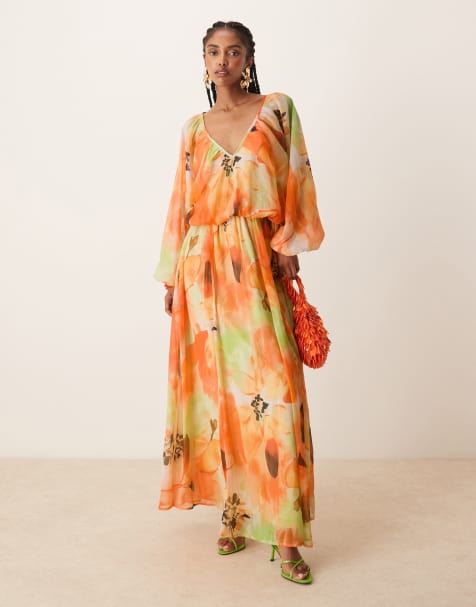 ASOS DESIGN long sleeve puff blouson maxi dress in overblown orange floral print - view 1