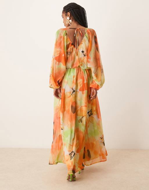 ASOS DESIGN long sleeve puff blouson maxi dress in overblown orange floral print, 3 of 4