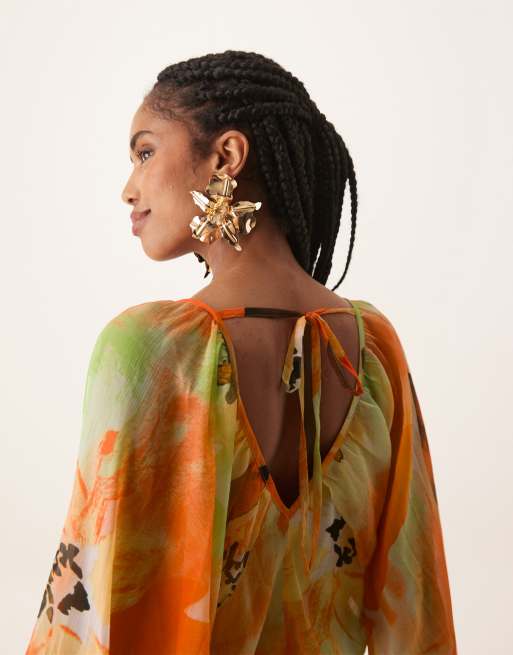 open lace back dress Asos Edition Textured Drape Midi Shirt Dress With Tie Detail In Orange main image 0