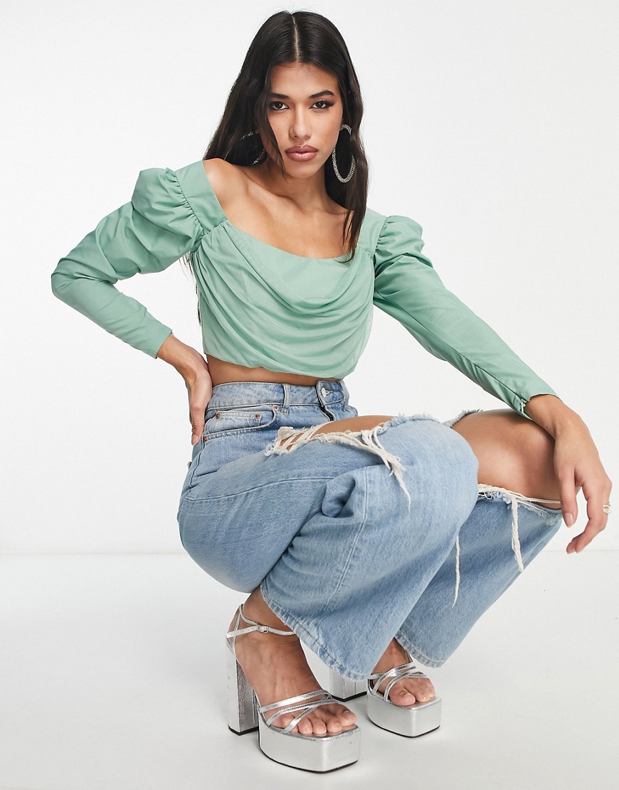 ASOS DESIGN long sleeve puff shoulder top with corset bodice in sage-Green