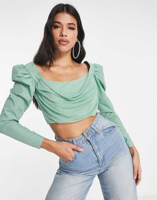 ASOS DESIGN long sleeve puff shoulder top with corset bodice in sage