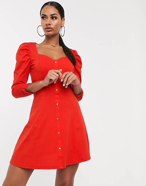 ASOS DESIGN long sleeve puff sleeve popper front tea dress in red | ASOS