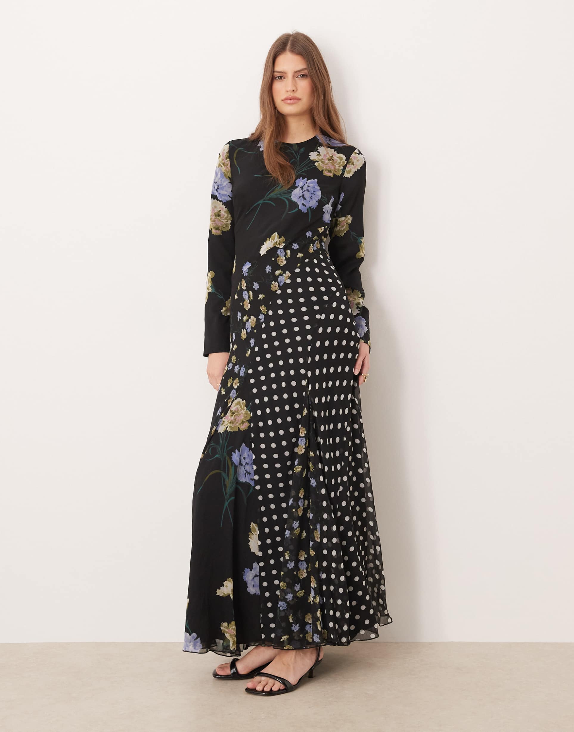 asos design long sleeve racer neck maxi dress with godet hem in black spot floral print