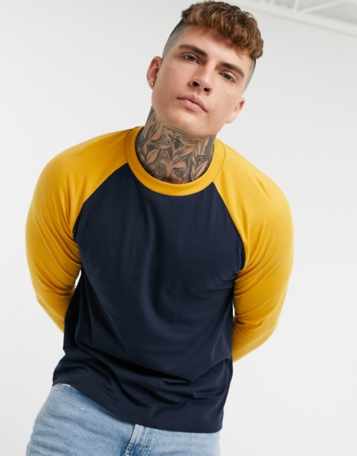 ASOS DESIGN long sleeve raglan t-shirt in navy with mustard sleeves