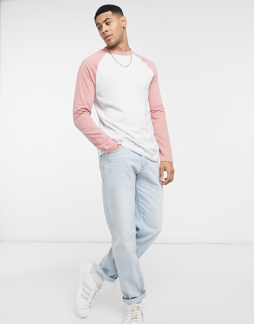 ASOS DESIGN long sleeve raglan T-shirt in off white with dusty pink sleeves