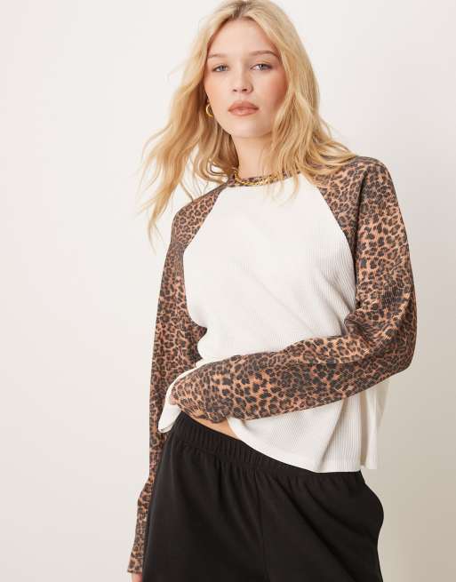 ASOS DESIGN long sleeve raglan waffle t-shirt in leopard print