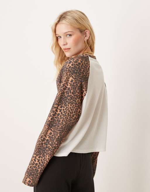 ASOS DESIGN long sleeve raglan waffle t-shirt in leopard print