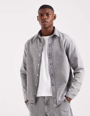 Asos Design Long Sleeve Regular Denim Shirt In Gray