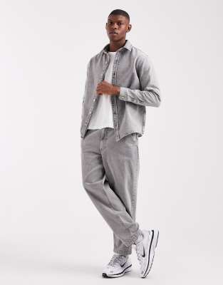 Asos Design Long Sleeve Regular Denim Shirt In Gray