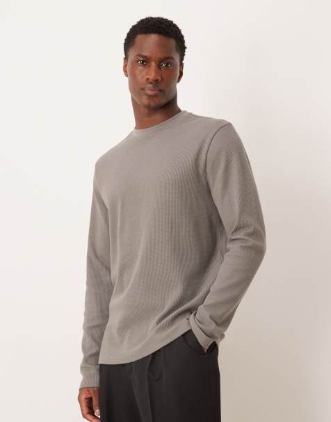 ASOS DESIGN long sleeve regular fit t-shirt in charcoal waffle - view 1