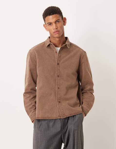 ASOS DESIGN long sleeve regular shirt in brown wash - view 1