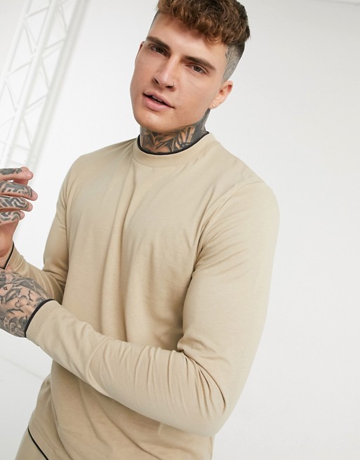 ASOS DESIGN long sleeve relaxed double layer t-shirt in beige