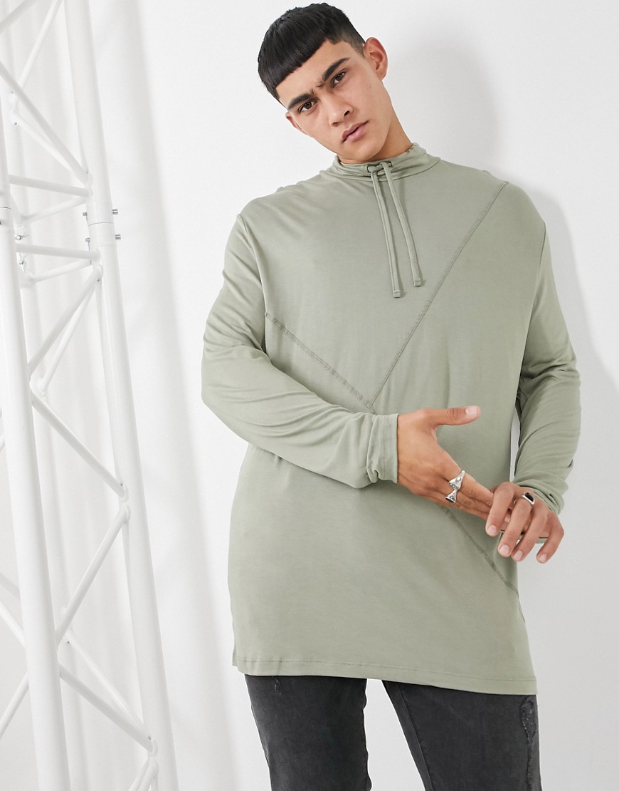 ASOS DESIGN long sleeve relaxed fit high neck top in washed khaki-Green