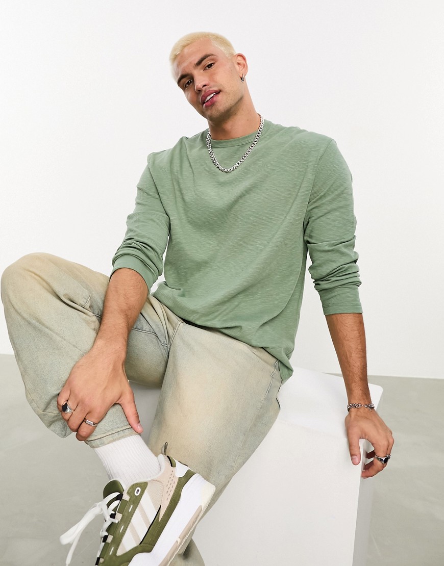 ASOS DESIGN long sleeve relaxed fit slub t-shirt in sage-Green