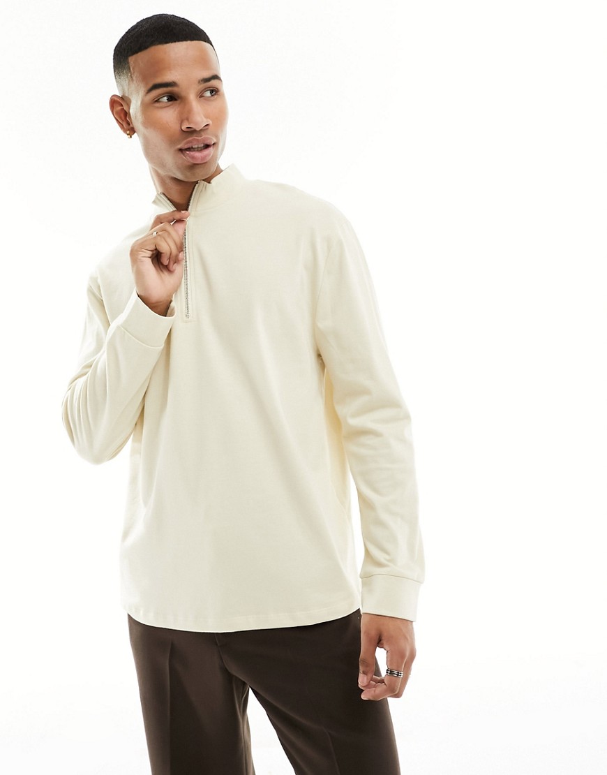 ASOS DESIGN long sleeve relaxed fit t-shirt with funnel neck in ecru-Neutral