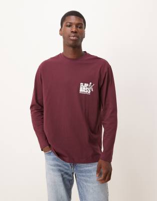 Asos Design Long Sleeve Relaxed Fit T-shirt With Print Detail In Burgundy