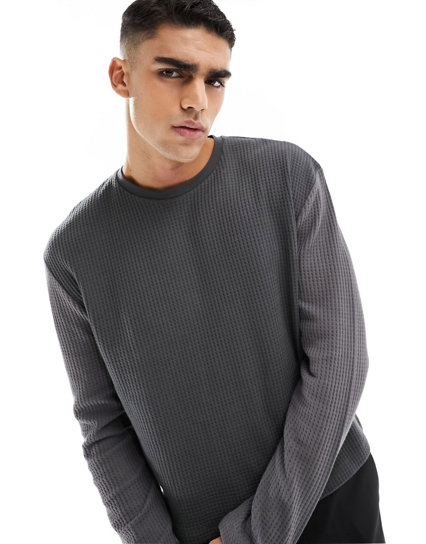 ASOS DESIGN long sleeve relaxed fit waffle t-shirt in charcoal-Grey