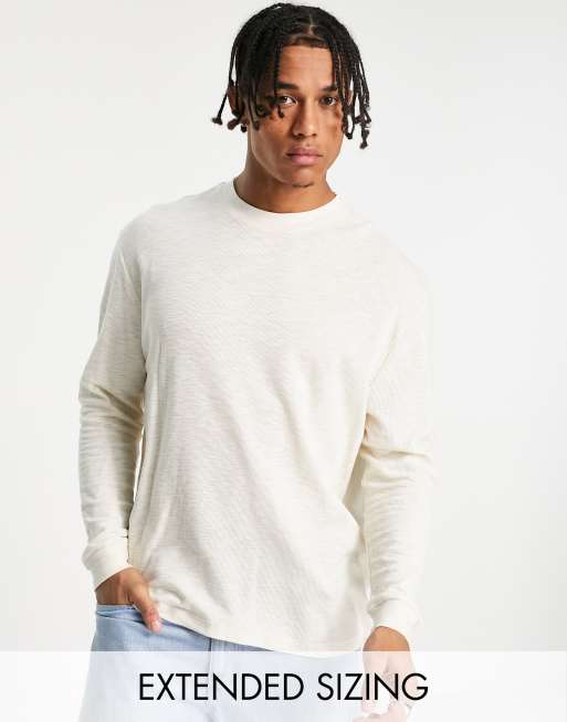 ASOS DESIGN long sleeve relaxed linen look t-shirt in beige