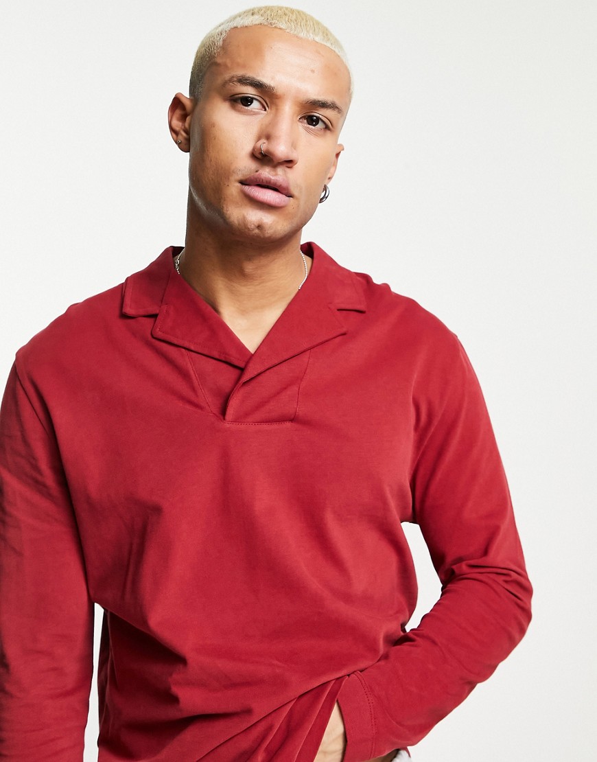 Asos Design Long Sleeve Relaxed Polo With Wrap Camp Collar In Burgundy-red