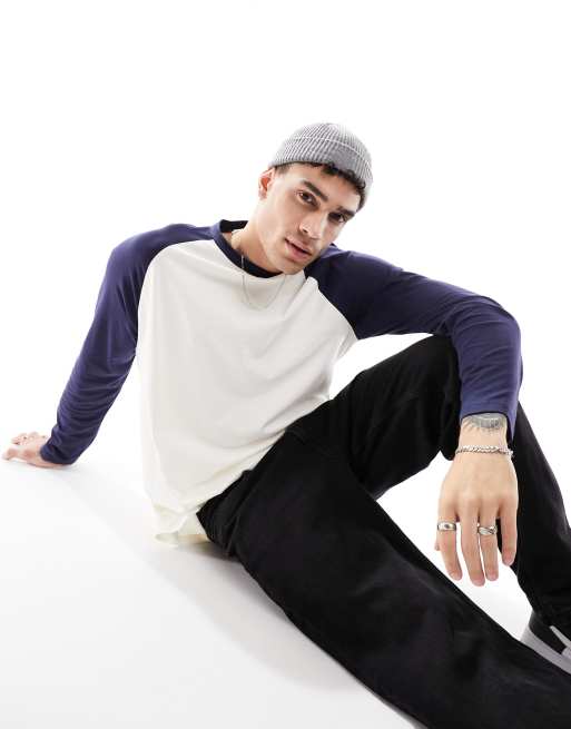 ASOS DESIGN long sleeve relaxed raglan t-shirt in ecru and navy 
