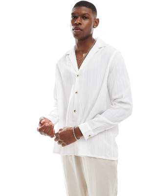 Asos Design Long Sleeve Relaxed Revere Collar Shirt In White