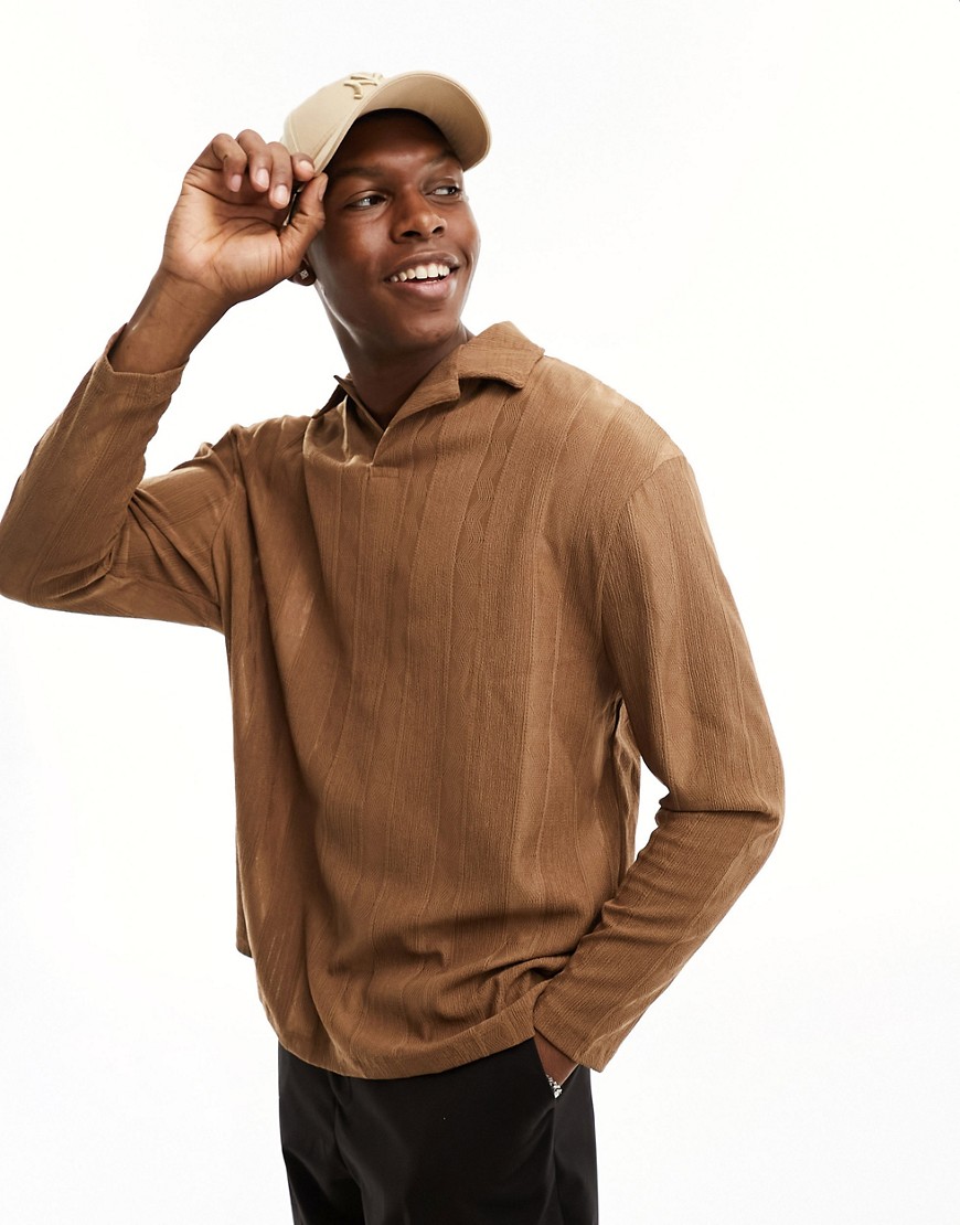 ASOS DESIGN long sleeve relaxed revere polo in texture in brown