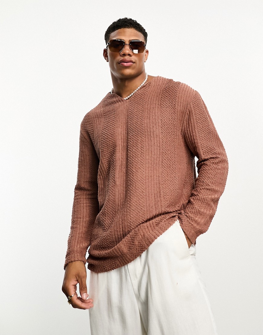 ASOS DESIGN long sleeve relaxed t-shirt in brown with neck detail