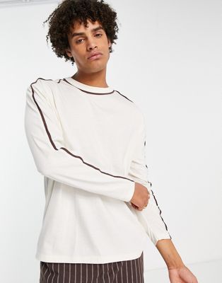 ASOS DESIGN long sleeve relaxed t-shirt in cream with brown piping