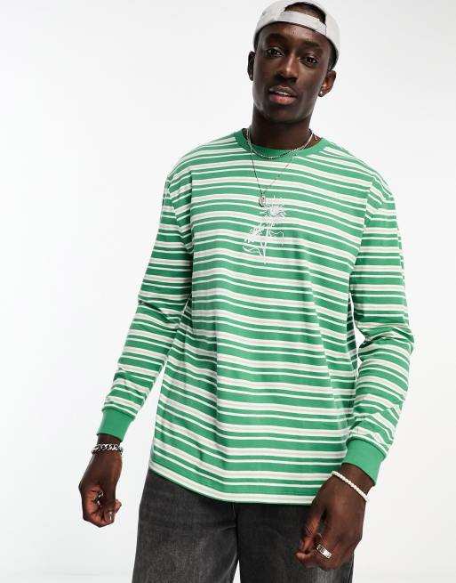 ASOS DESIGN long-sleeve relaxed t-shirt in green stripe with chest palm-tree print