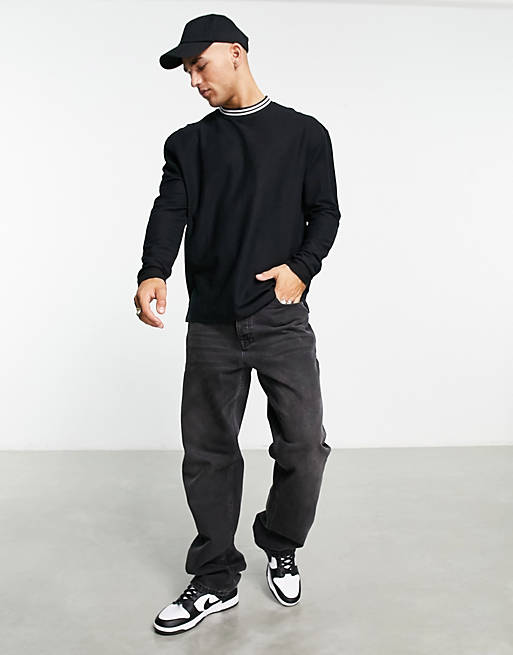 ASOS Relaxed Long Sleeve T-shirt With Rib Side Panels in Black for Men Mens Clothing T-shirts Long-sleeve t-shirts 