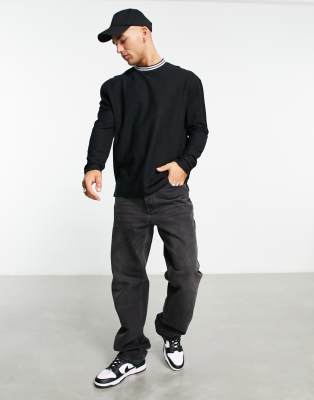 ASOS DESIGN long sleeve relaxed t-shirt in lightweight rib in black ...