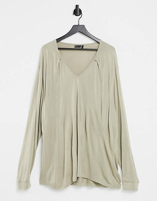 ASOS DESIGN long sleeve relaxed viscose t shirt with deep v neck in beige