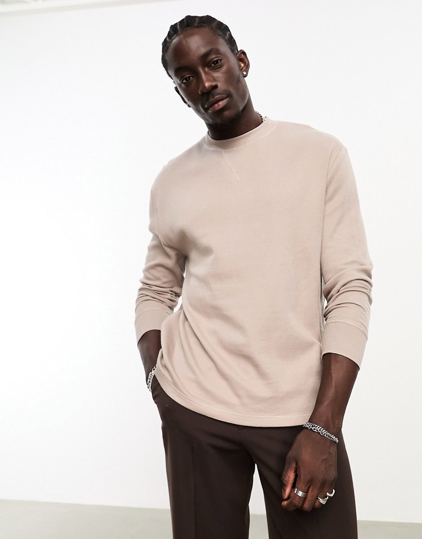 ASOS DESIGN long sleeve relaxed waffle t-shirt in light brown