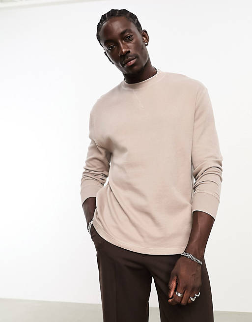 ASOS DESIGN long sleeve relaxed waffle t-shirt in light brown | ASOS