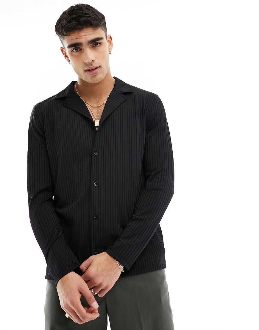 ASOS DESIGN long sleeve rib jersey shirt with revere in black