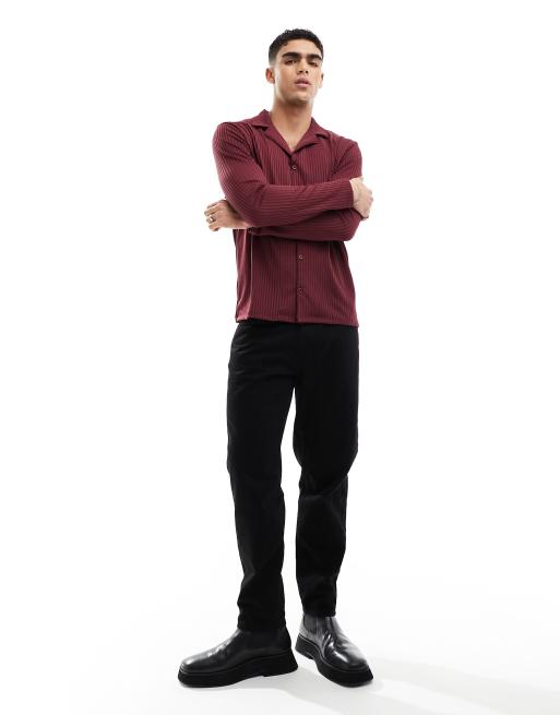 ASOS DESIGN long sleeve rib jersey shirt with revere in burgundy, 4 of 4