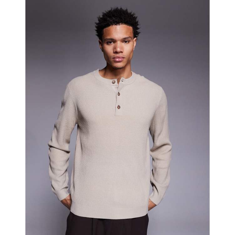 ASOS DESIGN long sleeve rib knit henley t-shirt in stone | ASOS