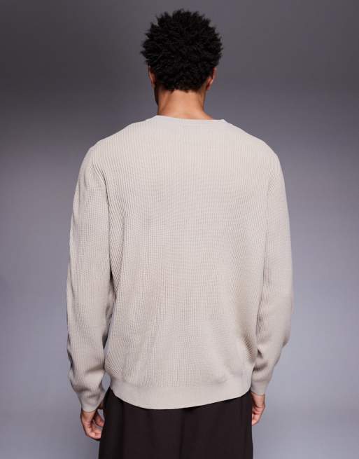 ASOS DESIGN long sleeve rib knit henley t-shirt in stone, 3 of 5