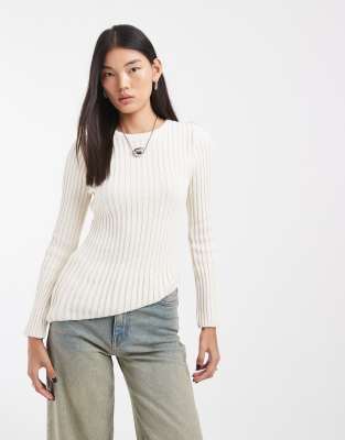 Asos Design Long Sleeve Rib Knit Top With Asymmetric Hem In White