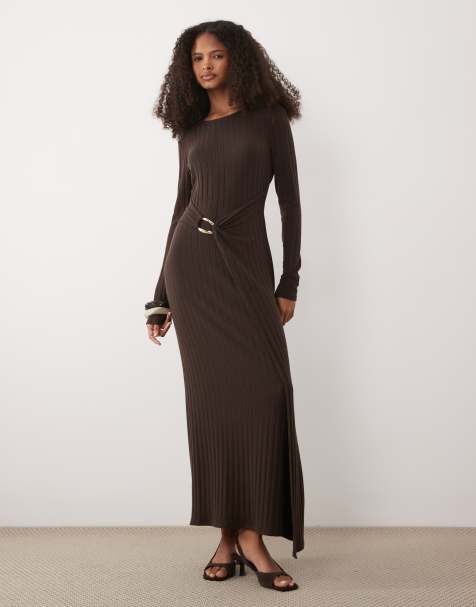 ASOS DESIGN long sleeve rib midi dress with hardware wrap detail in chocolate - view 1