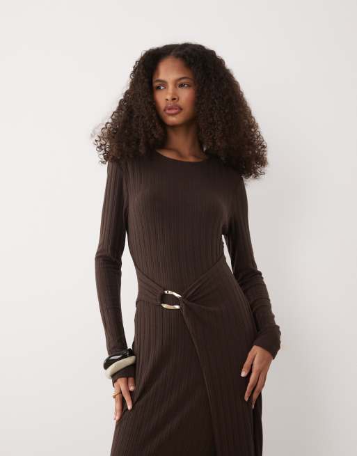 ASOS DESIGN long sleeve rib midi dress with hardware wrap detail in chocolate, 2 of 4