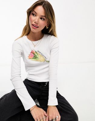 ASOS DESIGN long sleeve rib top with amsterdam tulip graphic in white | ASOS